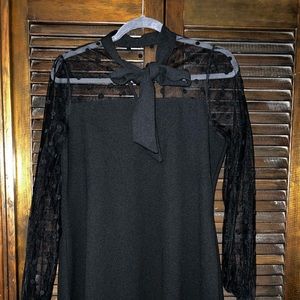 SHEIN black dress-polka dot chiffon sleeves and tie Knee length